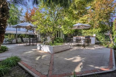 Common garden patio with tables and umbrellas