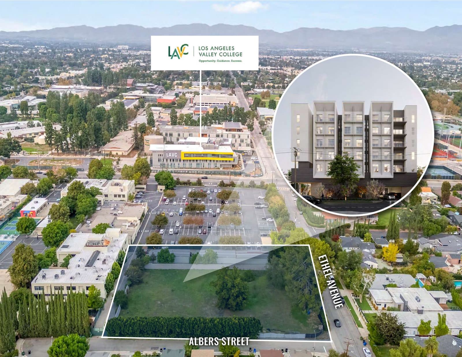 Labeled aerial showing the subject parcel with Los Angeles Valley College directly across Ethel Avenue
