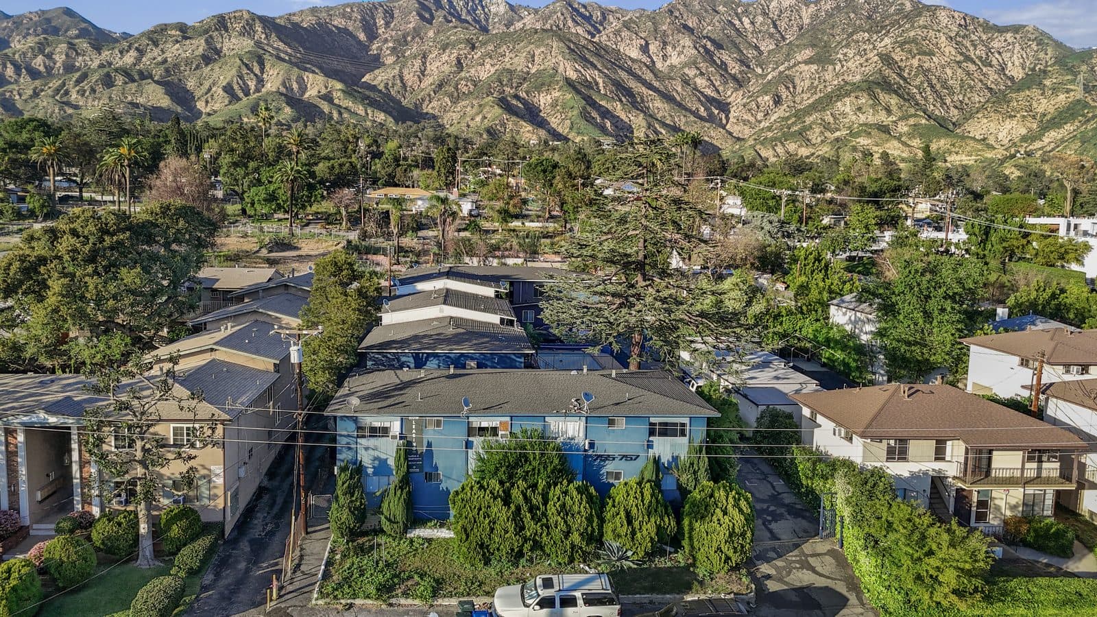 Aerial view of 755 E Pine Street with the San Gabriel Mountains